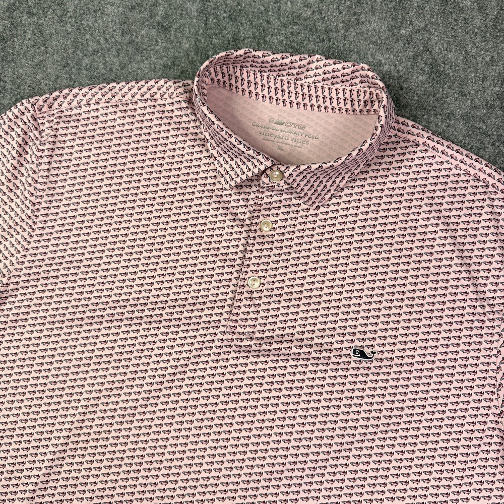 Vineyard Vines Mens Polo Shirt XL On the Go Sankaty Pink Micro Fish Performance